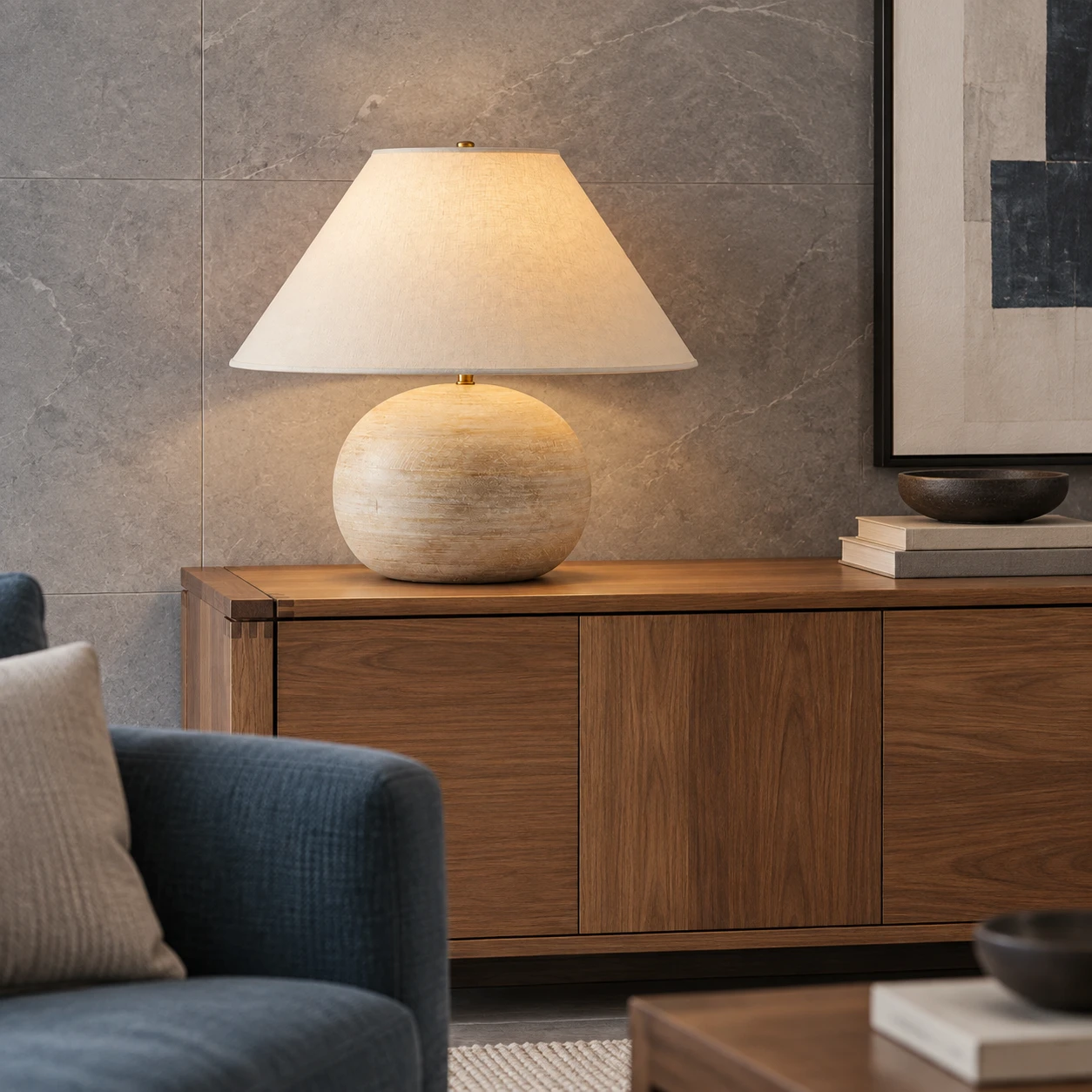 Living room sideboard with the distressed wood table lamp