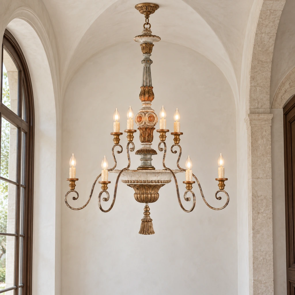 Aveline carved wood and iron chandelier illuminated in a tall plaster alcove