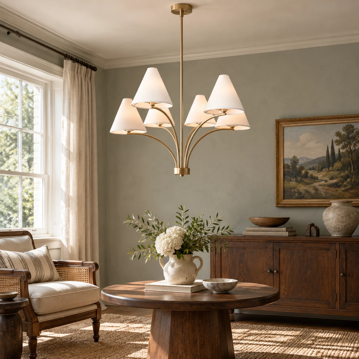 Warm brass fabric shade branch chandelier installed in a bedroom sitting area