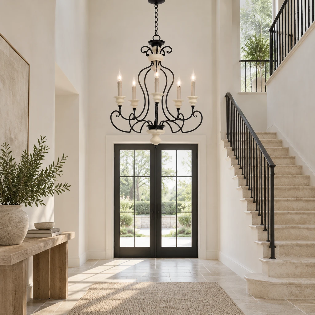 Aveline chandelier in a bright limestone foyer