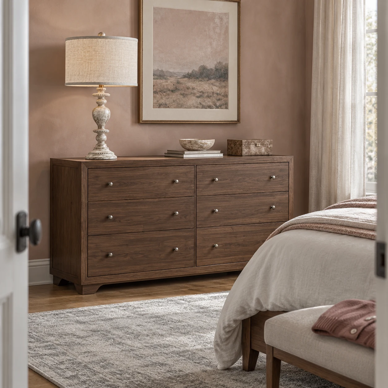 Distressed carved wood table lamp in Guest Bedroom Dresser