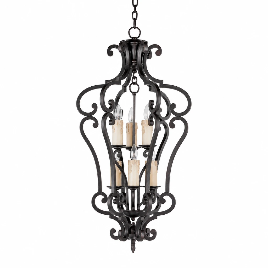 Harrow six-light scrollwork iron chandelier on a white background
