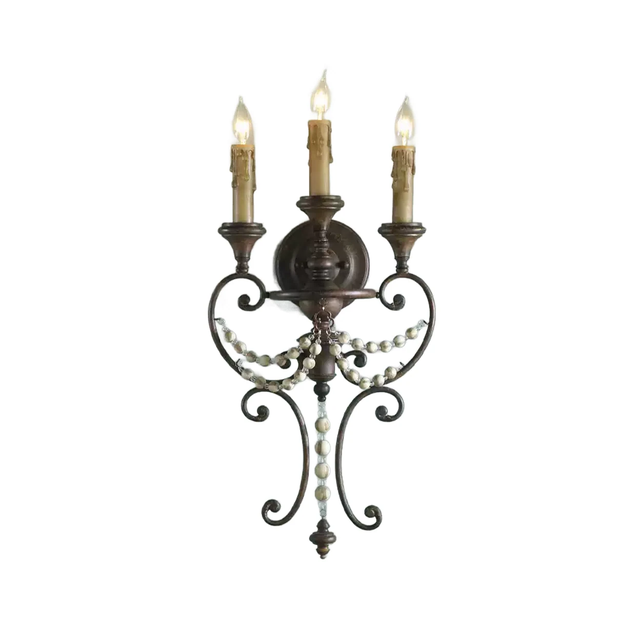 Antique three-light beaded wall sconce, white-background SKU identity