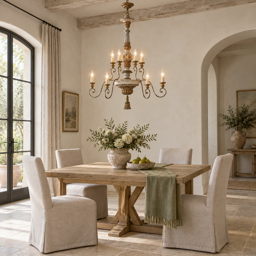 Aveline chandelier above a natural oak dining table in daylight