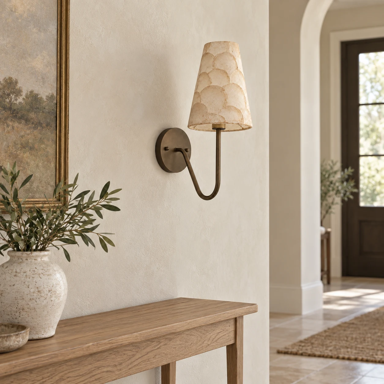 Mabel vintage wall sconce with fabric shade in a refined residential interior