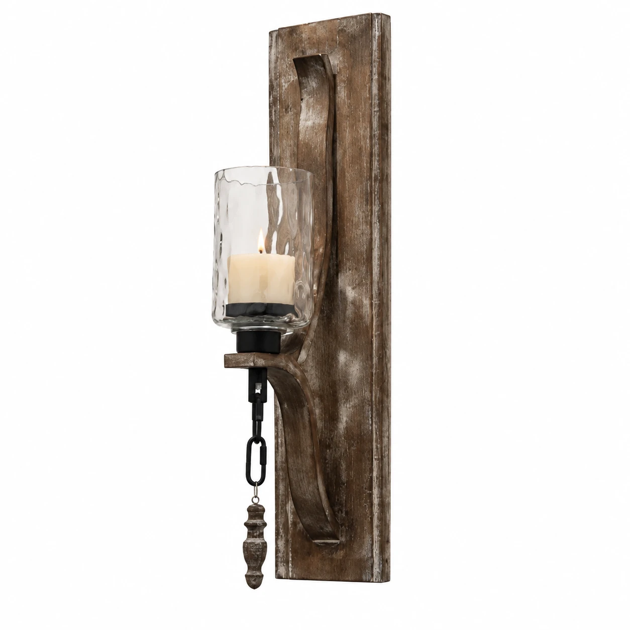 Candle holder carved wood wall accent on a white background