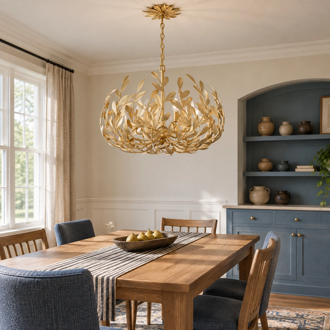 Elise French Leaf-Wreath Iron Chandelier — Gold leaf-wreath chandelier in a dining room