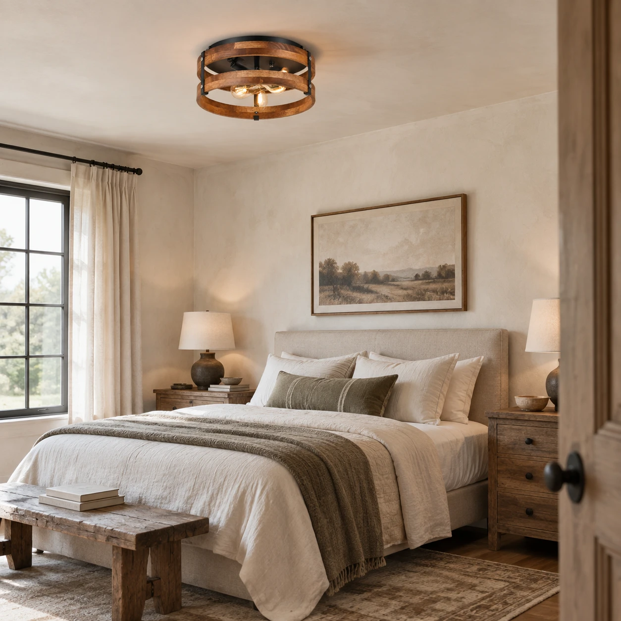 Antique wood round ceiling light in a farmhouse bedroom