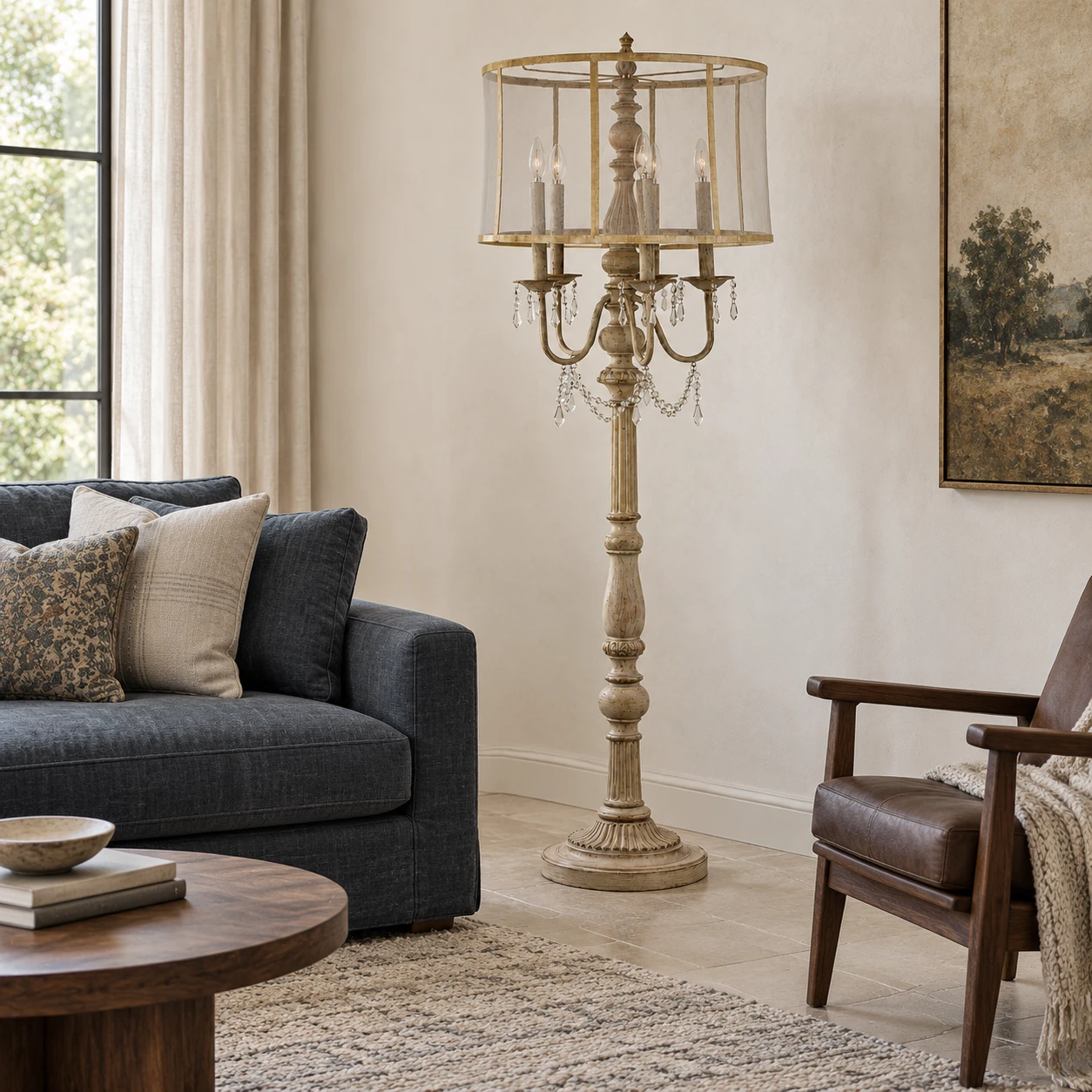 Five-light carved wood floor lamp in a living room reading corner