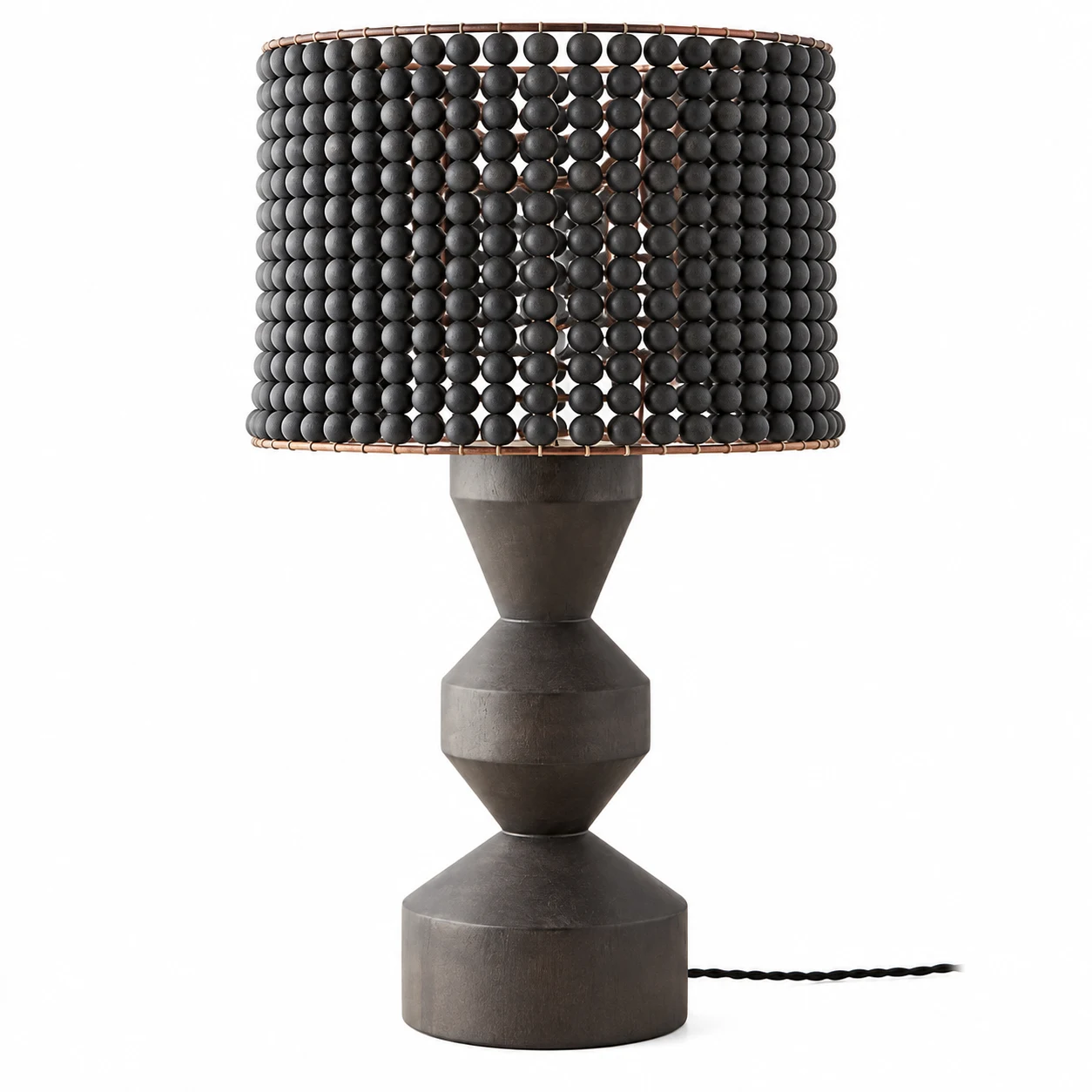 70 cm dark wood beaded table lamp on a white background
