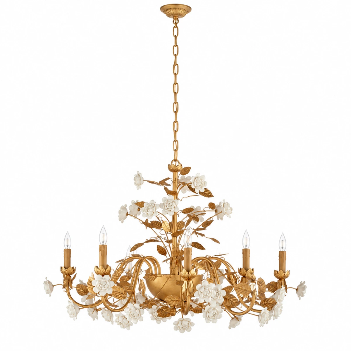 Elara gold iron and white ceramic floral chandelier on white