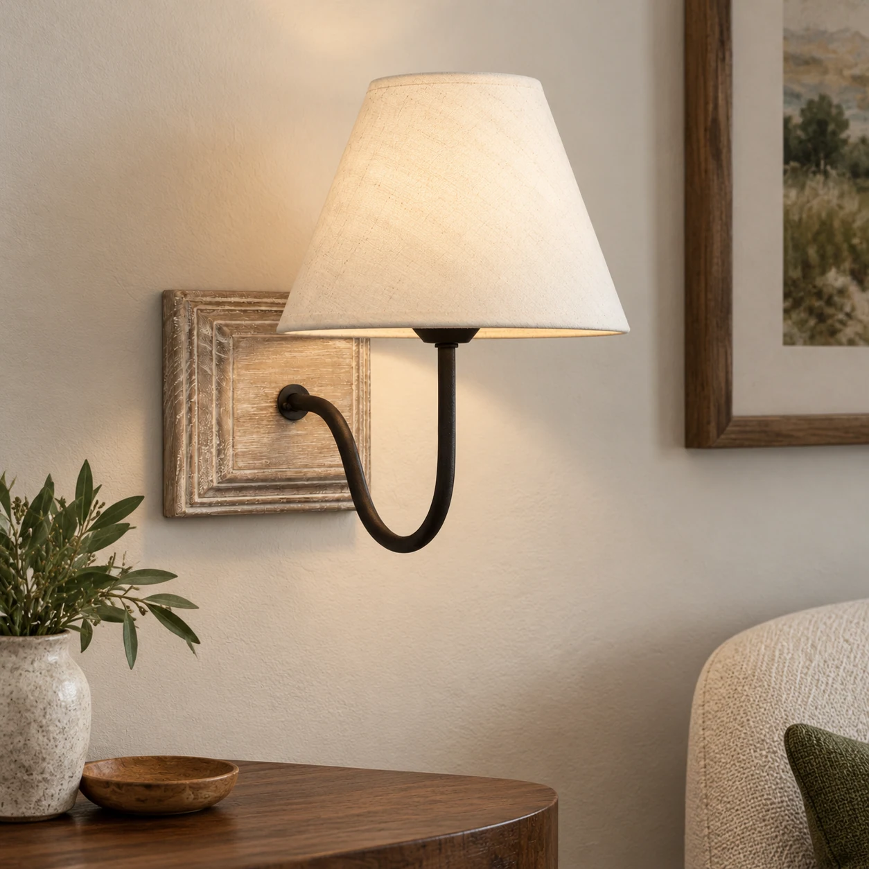 Curved dark iron arm and fabric shade near a reading chair