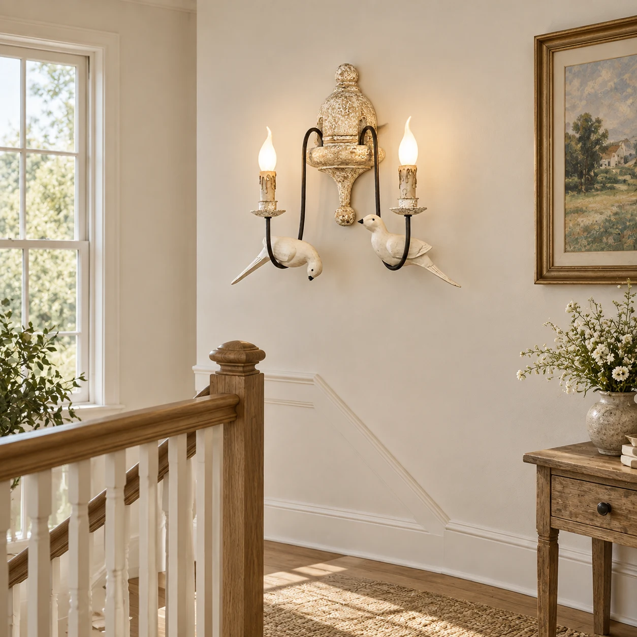 Mara double-head bird wall light at a stair landing