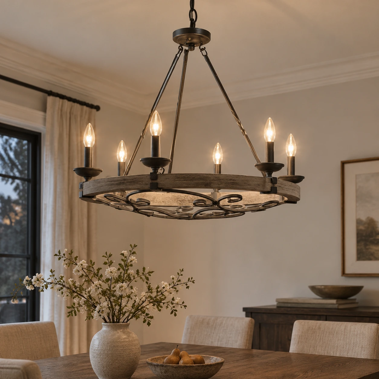 Clara Rustic Wagon-Wheel Wood and Iron Chandelier, scene 6 dining evening