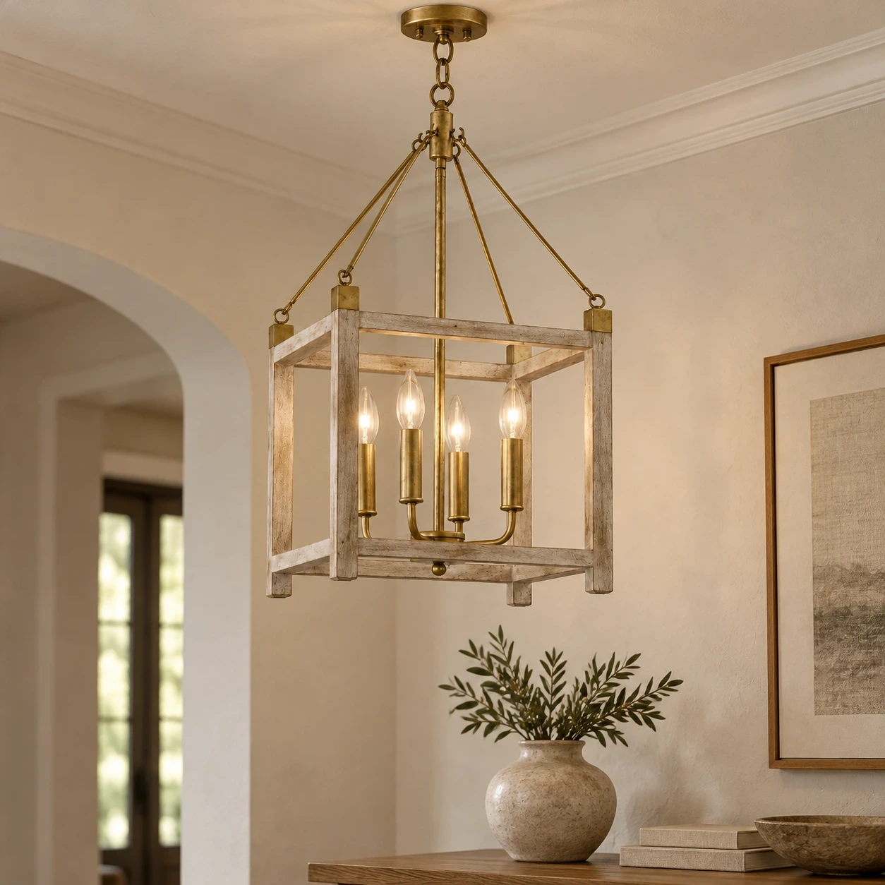 Milo American Rustic Four-Light Iron and Wood Chandelier above a compact hallway console