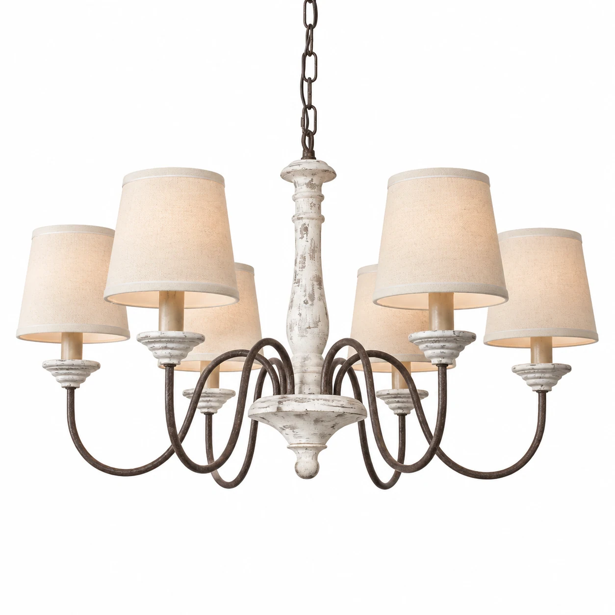 A · 6 Lights · Distressed White · Linen Shades wood chandelier on a white background
