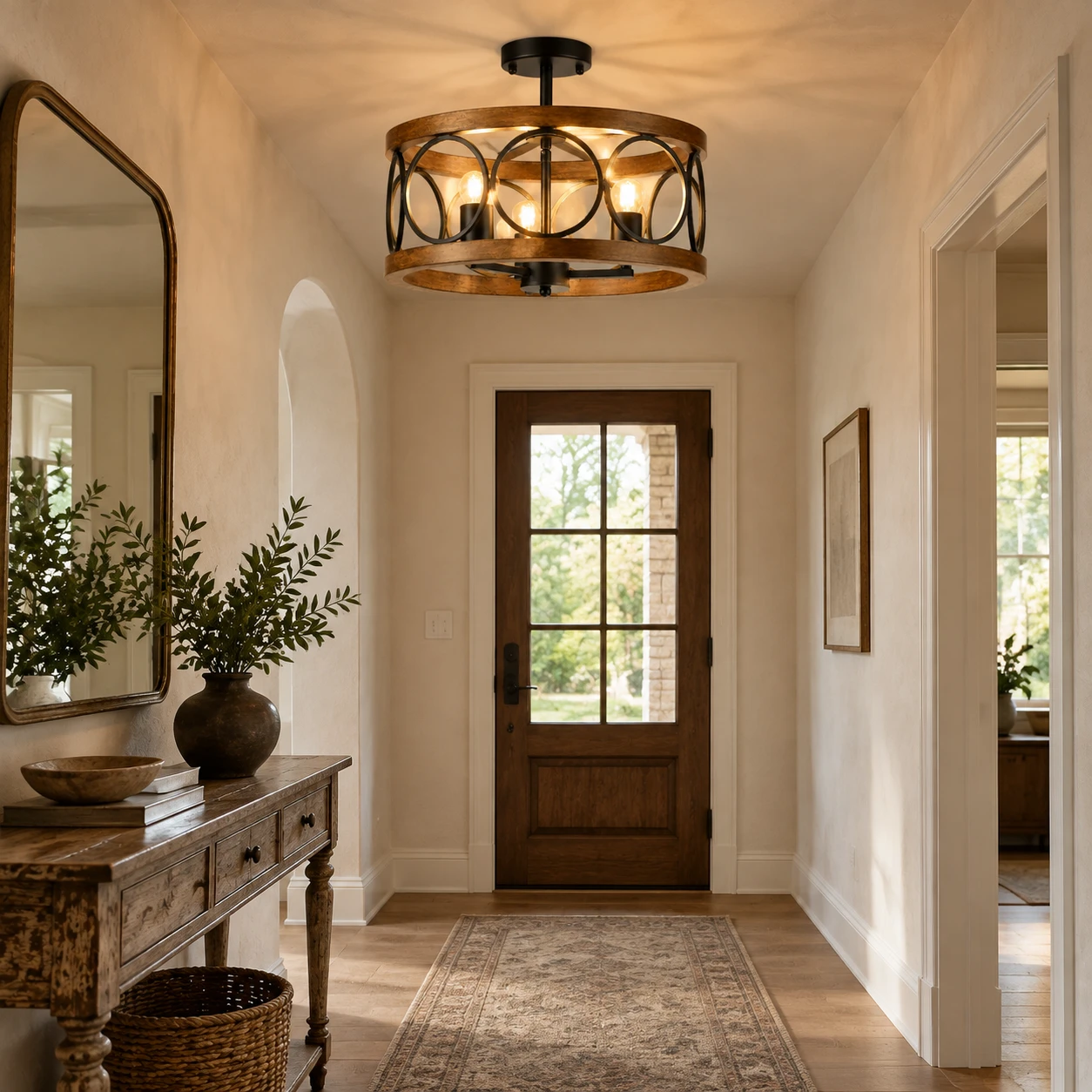 American Rustic Wood Lantern Ceiling Light in a narrow entry foyer with a plaster wall and antique console