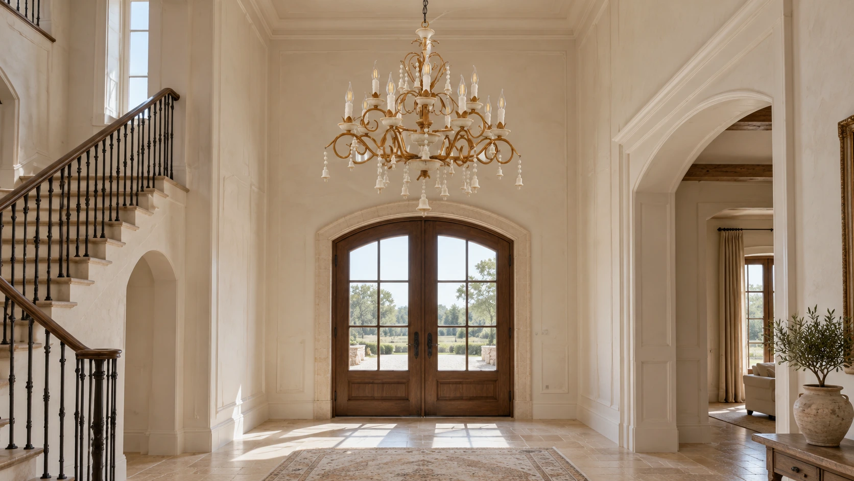 Lustre vintage blanc à 12 lumières suspendu au-dessus d'une entrée à haut plafond.