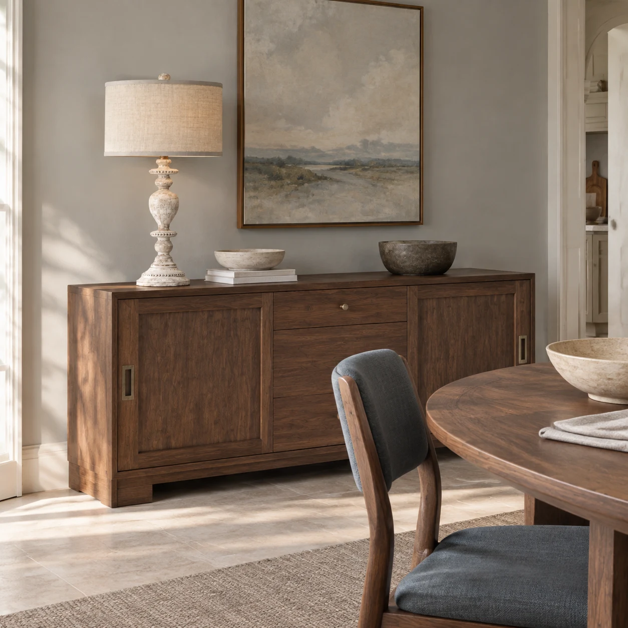 Distressed carved wood table lamp in Dining Room Sideboard