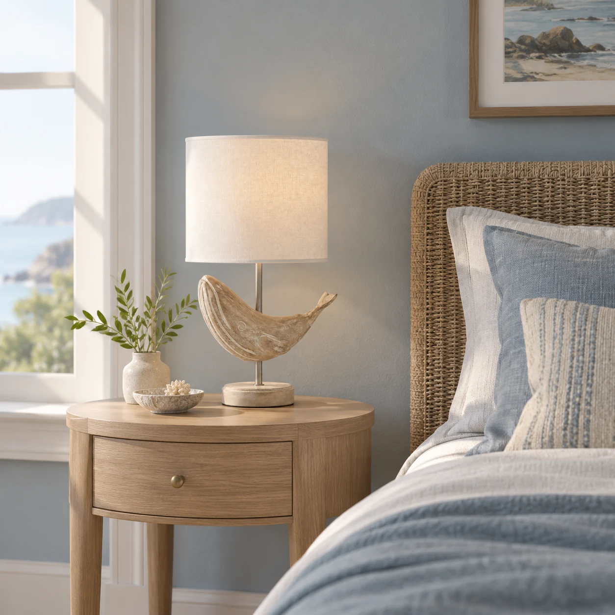 Whale carved wood table lamp in a coastal bedroom setting