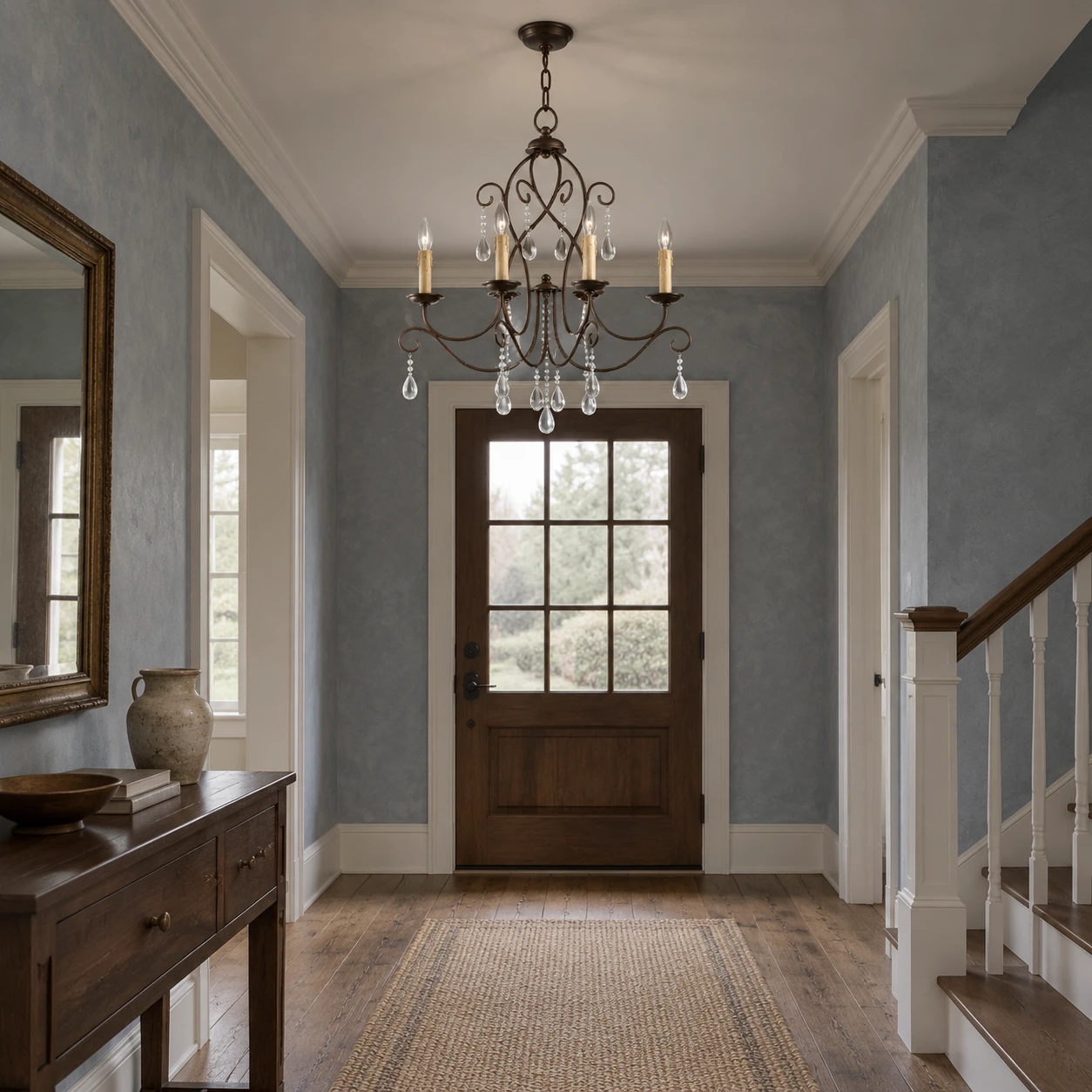 Four-light iron chandelier in a blue-gray entry hall
