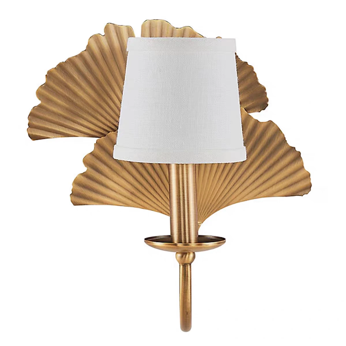 Elodie vintage copper ginkgo wall sconce with white fabric shade on white