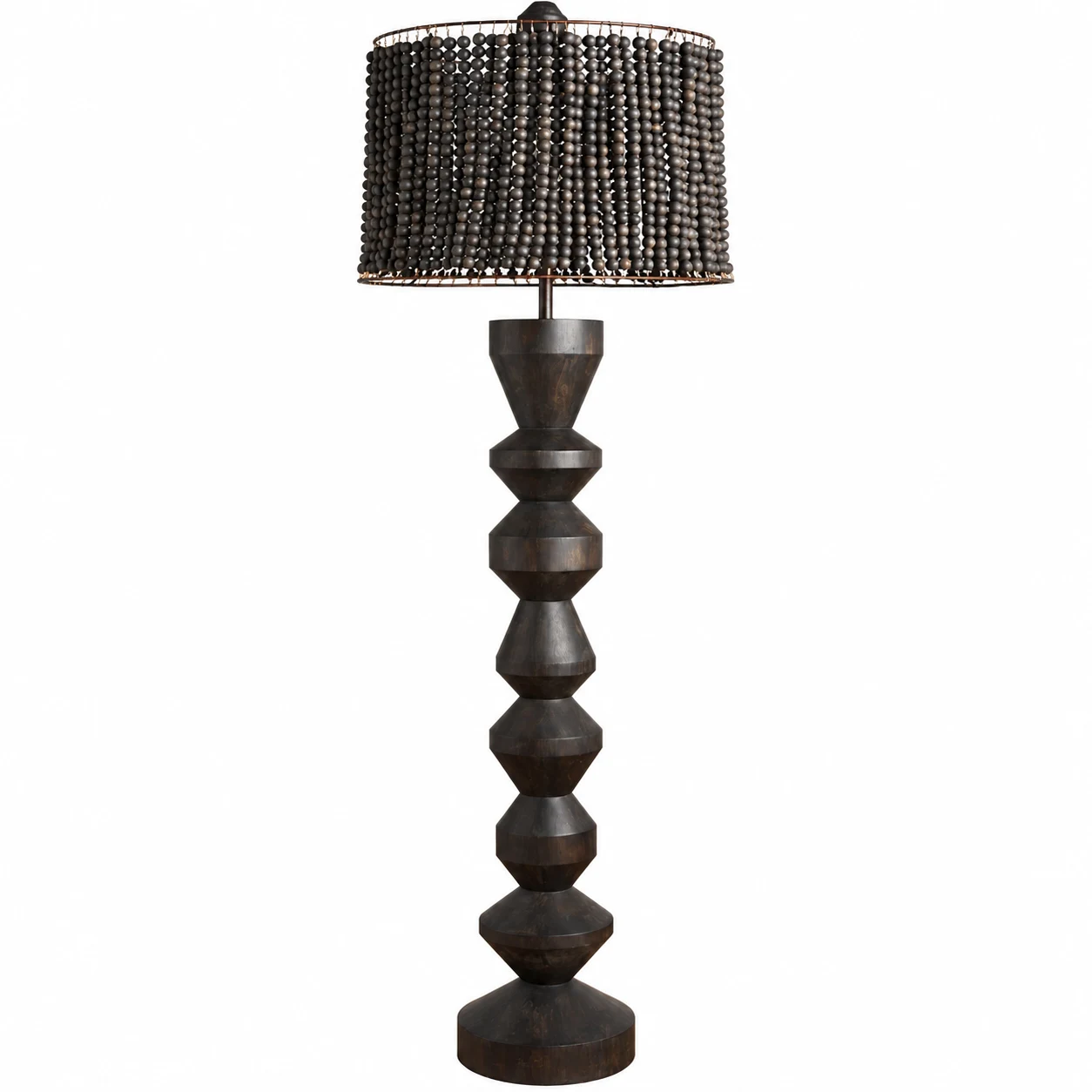 165 cm dark wood beaded floor lamp on a white background