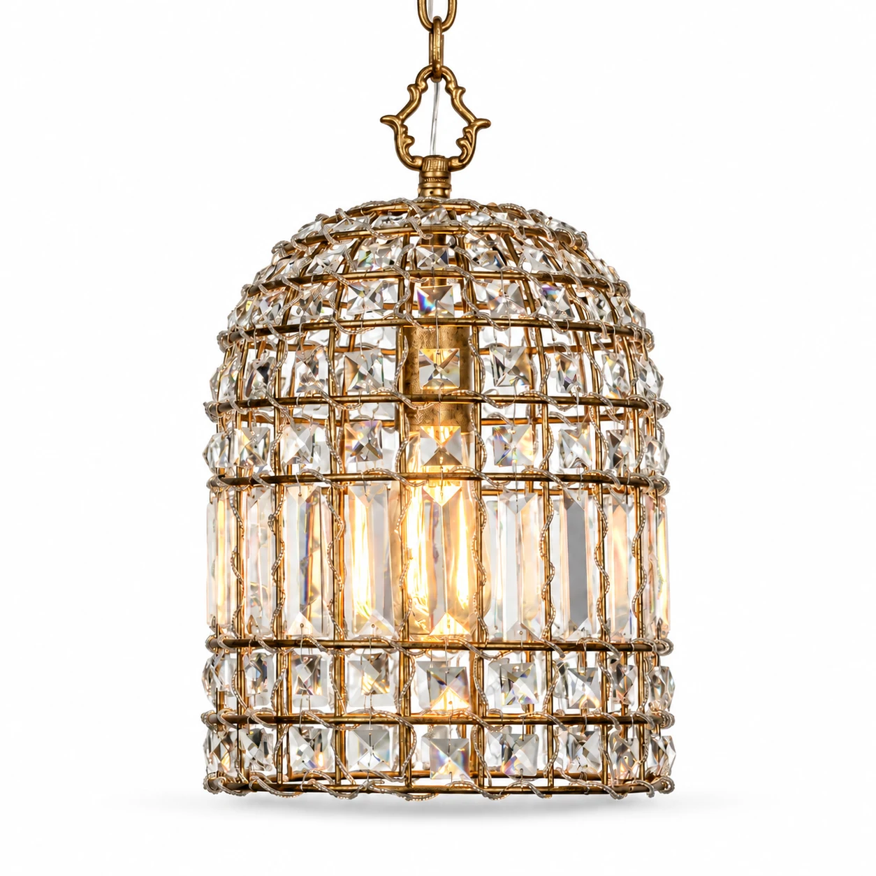 Clara single-light gold crystal cage pendant on a white background