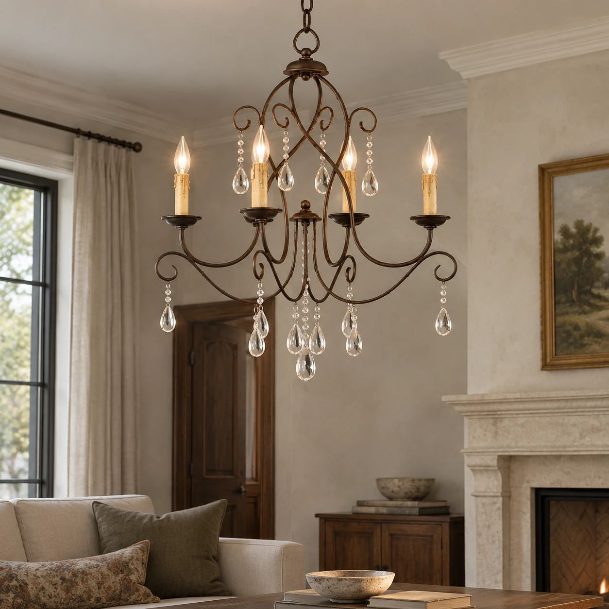 Four-light iron chandelier in a living room at evening