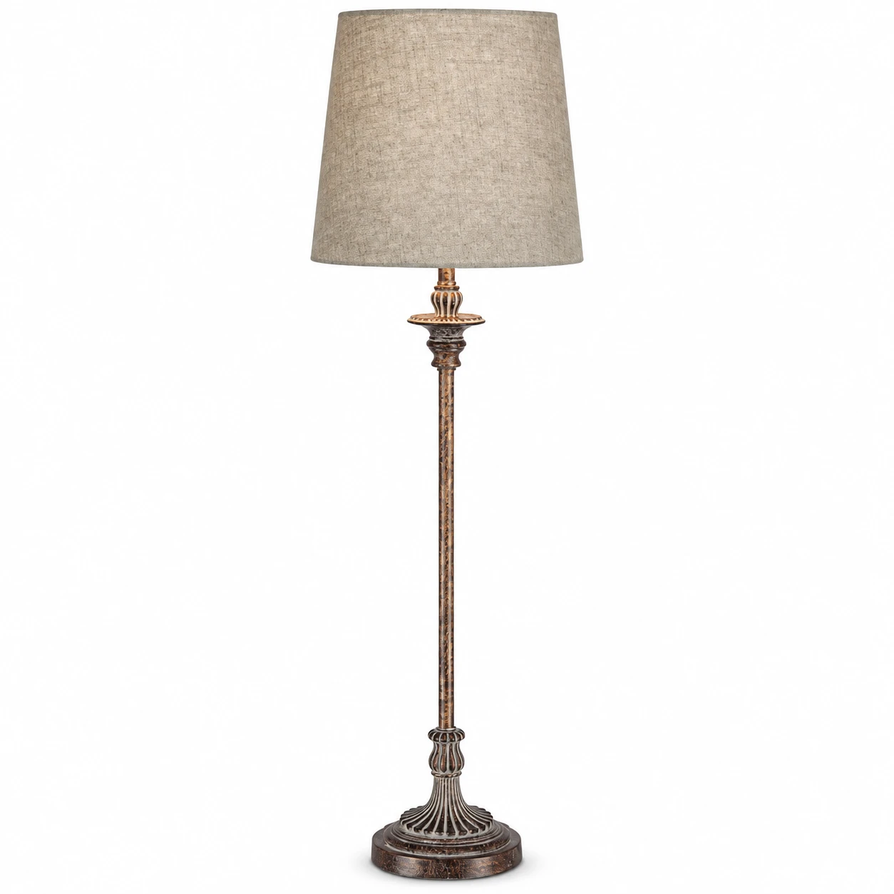 Tall carved wood table lamp on a white background