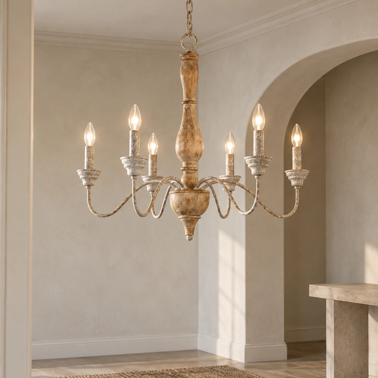 Natural wood six-light chandelier installed in an American rustic foyer
