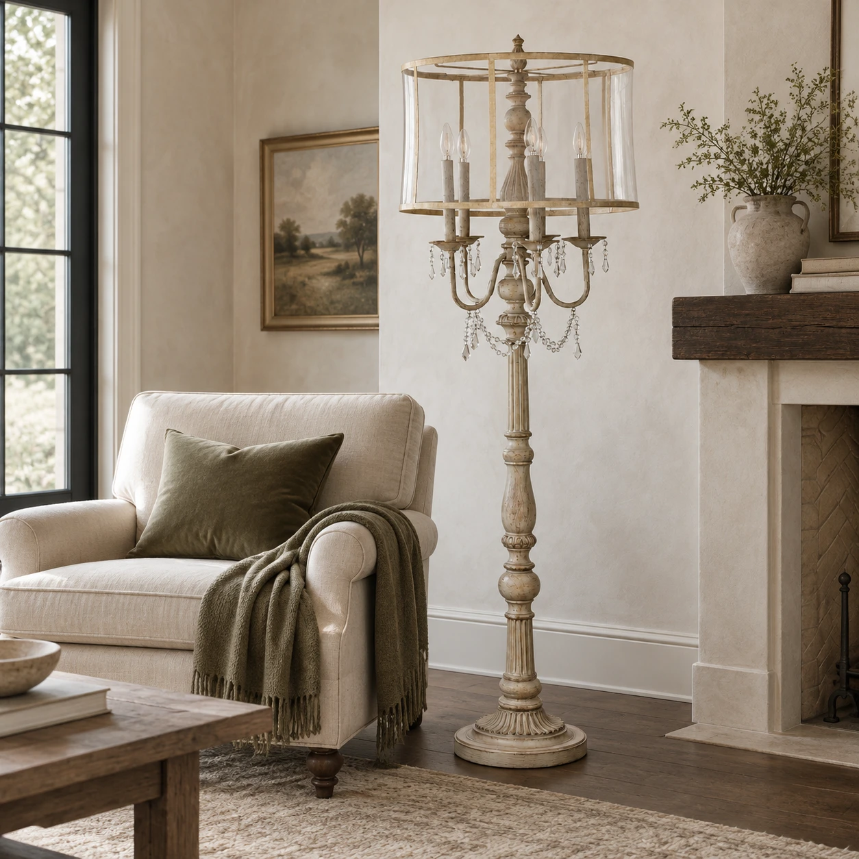 Five-light carved wood floor lamp in a farmhouse sitting room