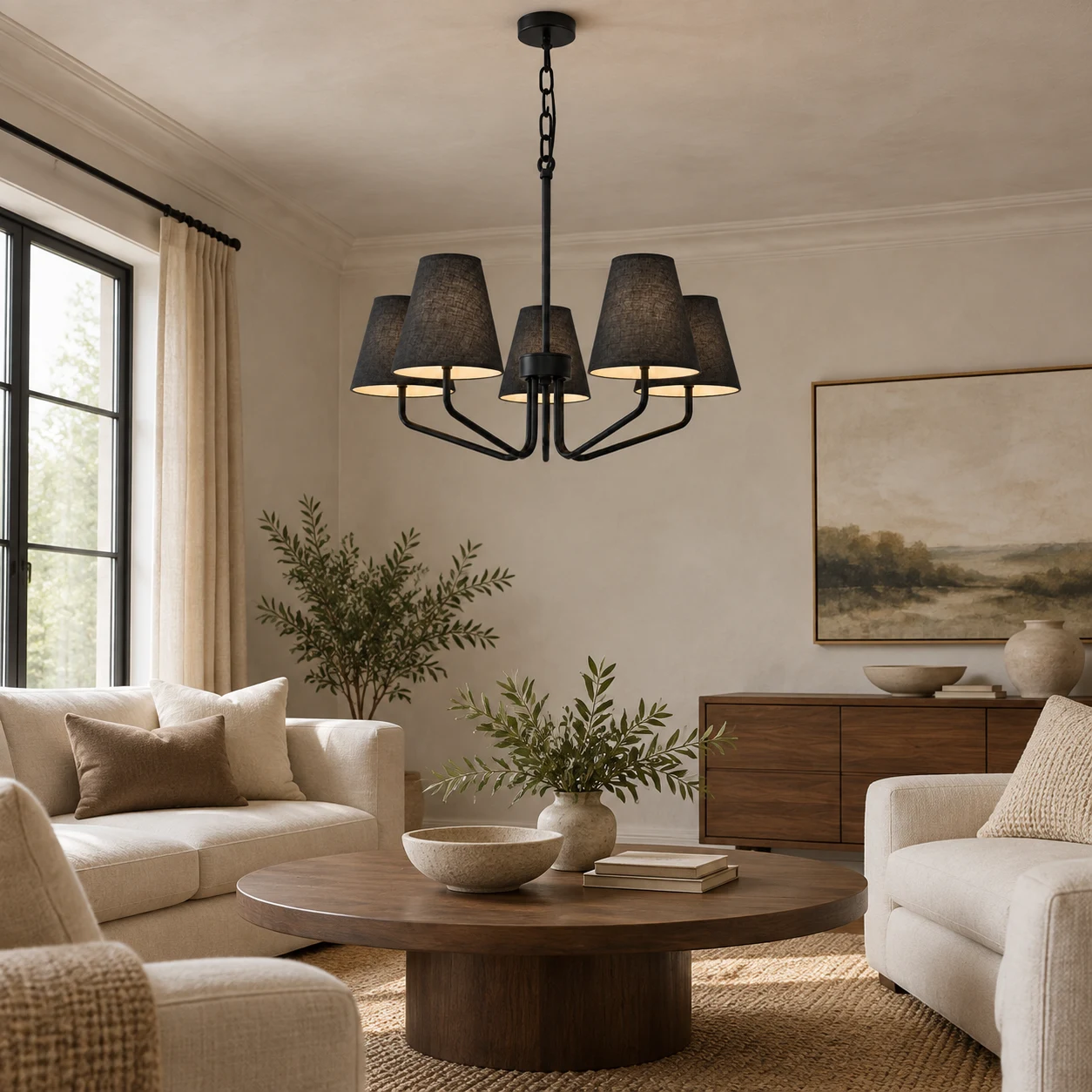 Lucia black iron branching fabric-shade chandelier in a living room