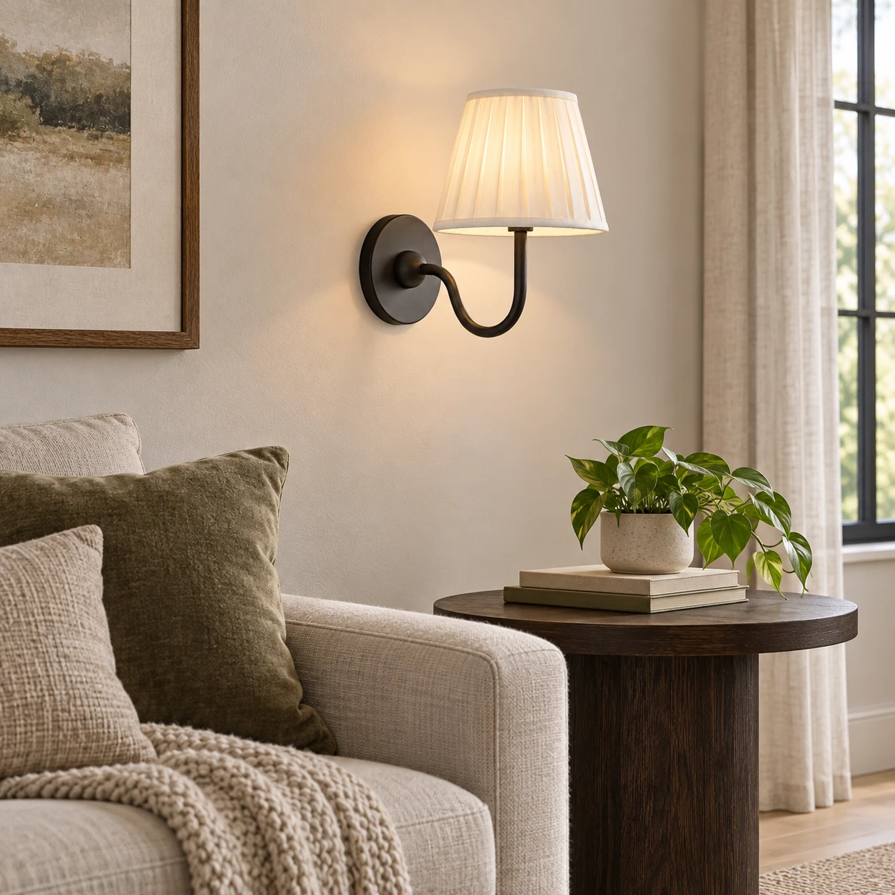 American Rustic Fabric Light in a living room with an upholstered sofa and dark oak side table