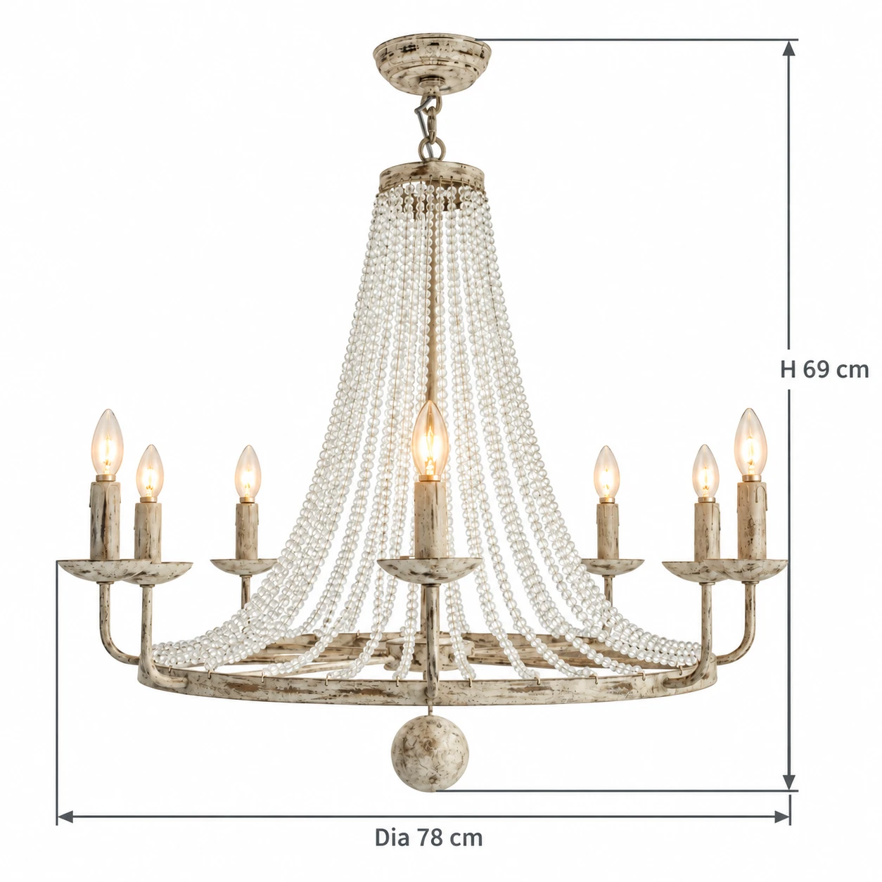 8-light chandelier dimensions: 69 cm high and 78 cm diameter