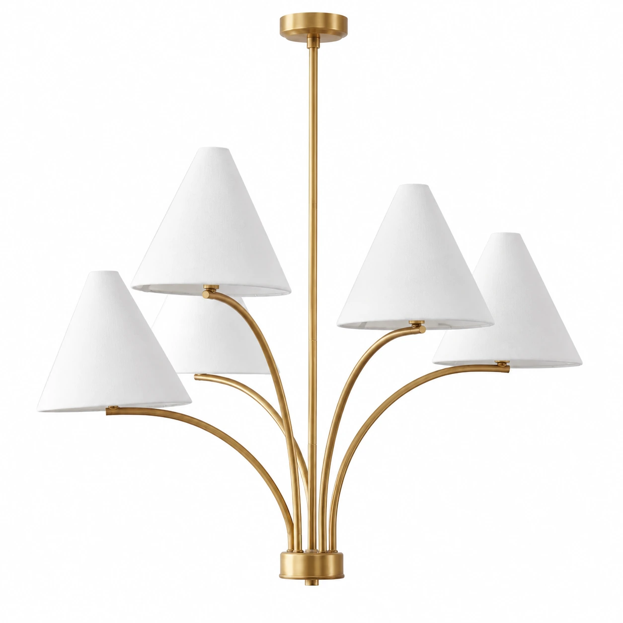 Warm brass fabric shade branch chandelier on a white background