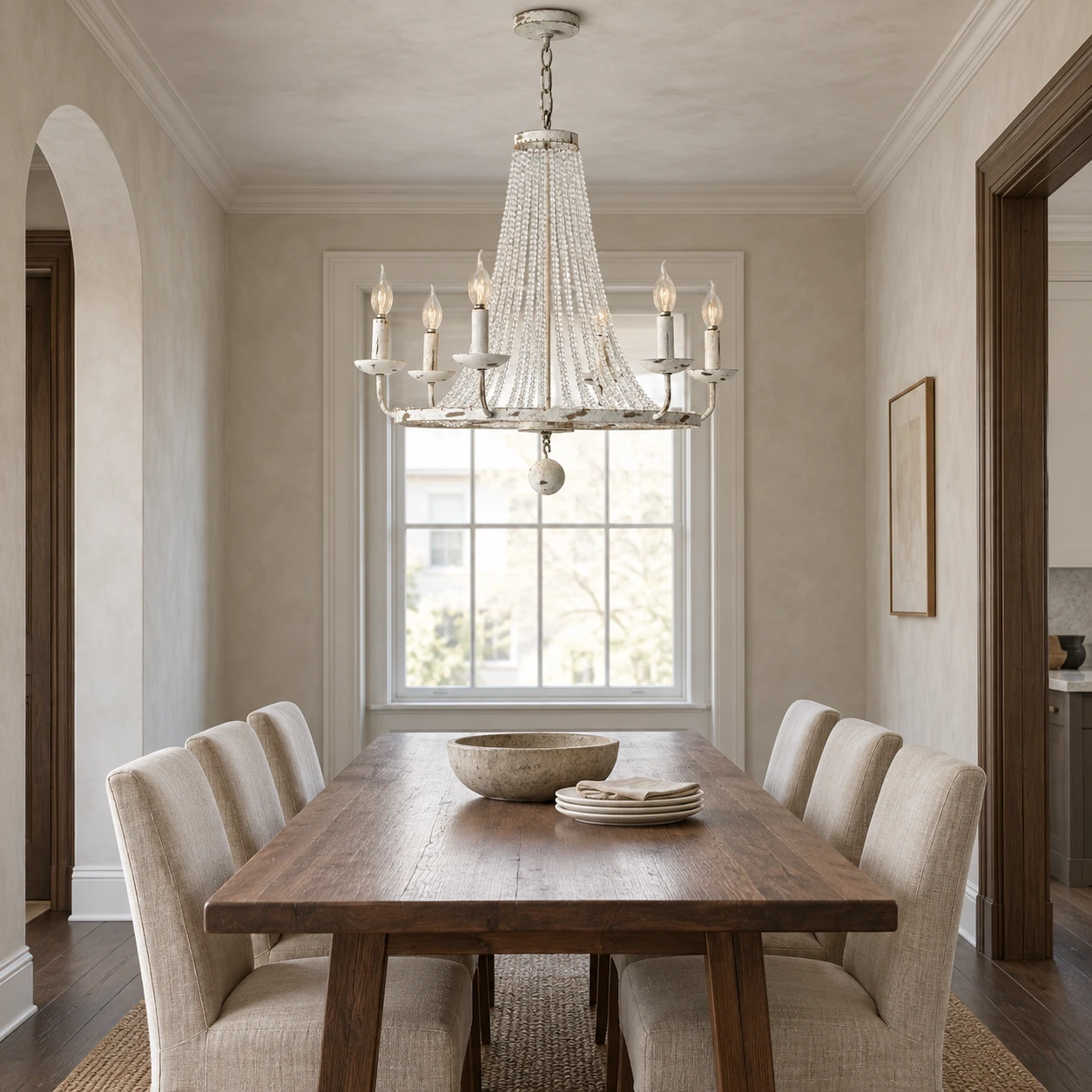 6-light French country crystal bead chandelier in a dining room