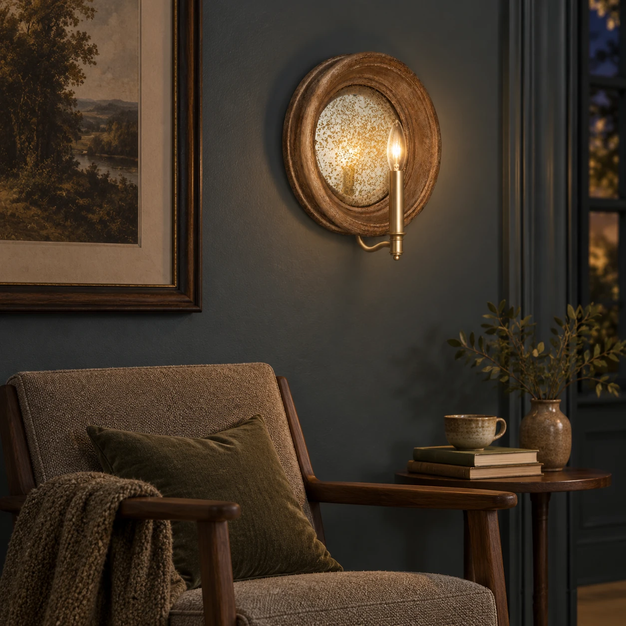 Carved wood mirror wall sconce in a reading niche