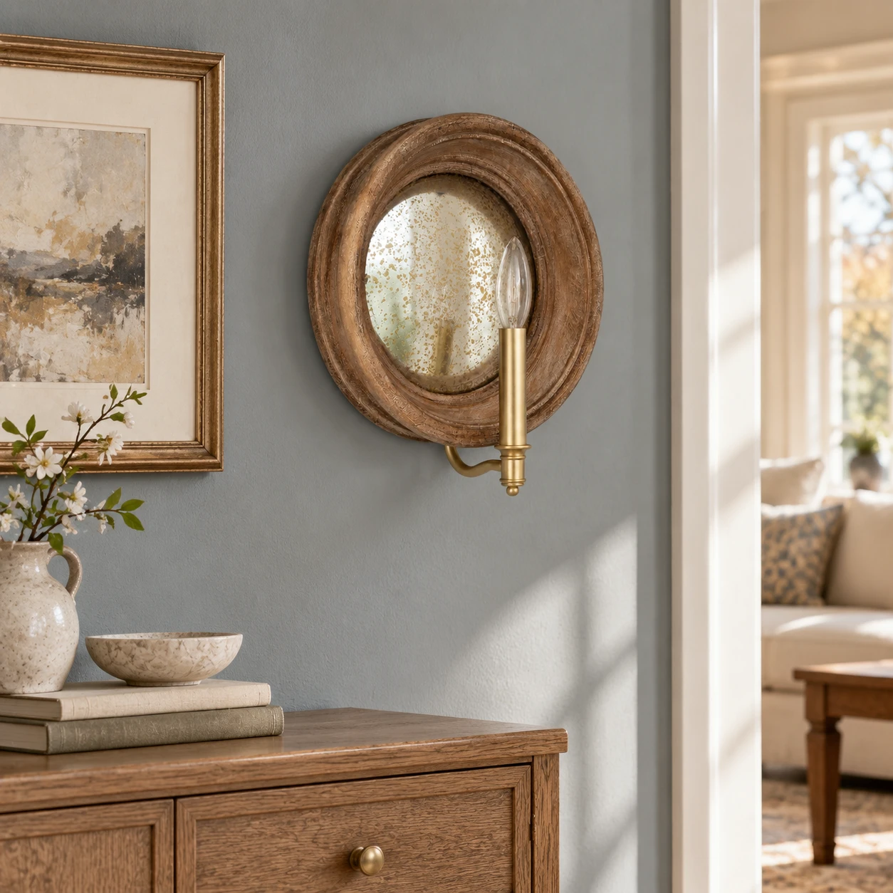 Vintage carved wood mirror wall sconce on a living room art wall