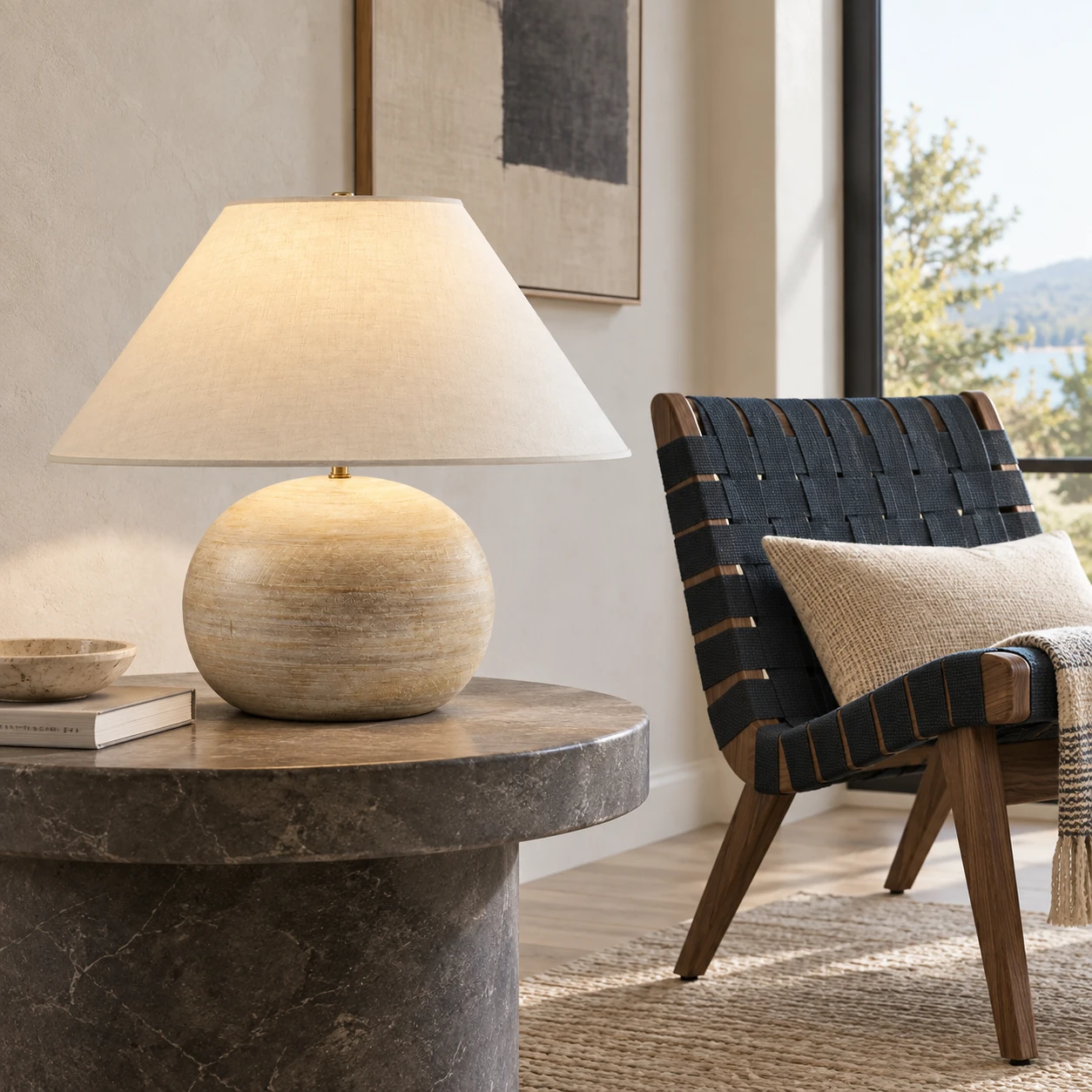 Window lounge with the distressed wood table lamp
