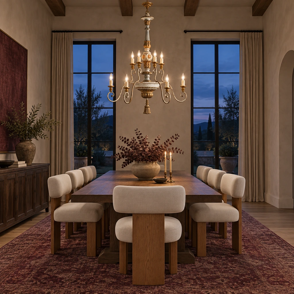 Aveline chandelier glowing in an evening hospitality dining room