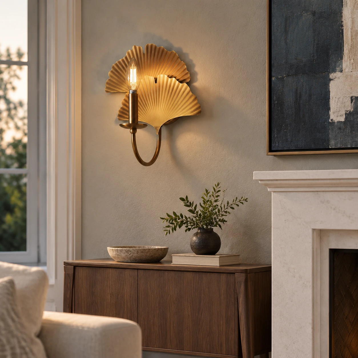 Vintage copper ginkgo wall sconce in a living room