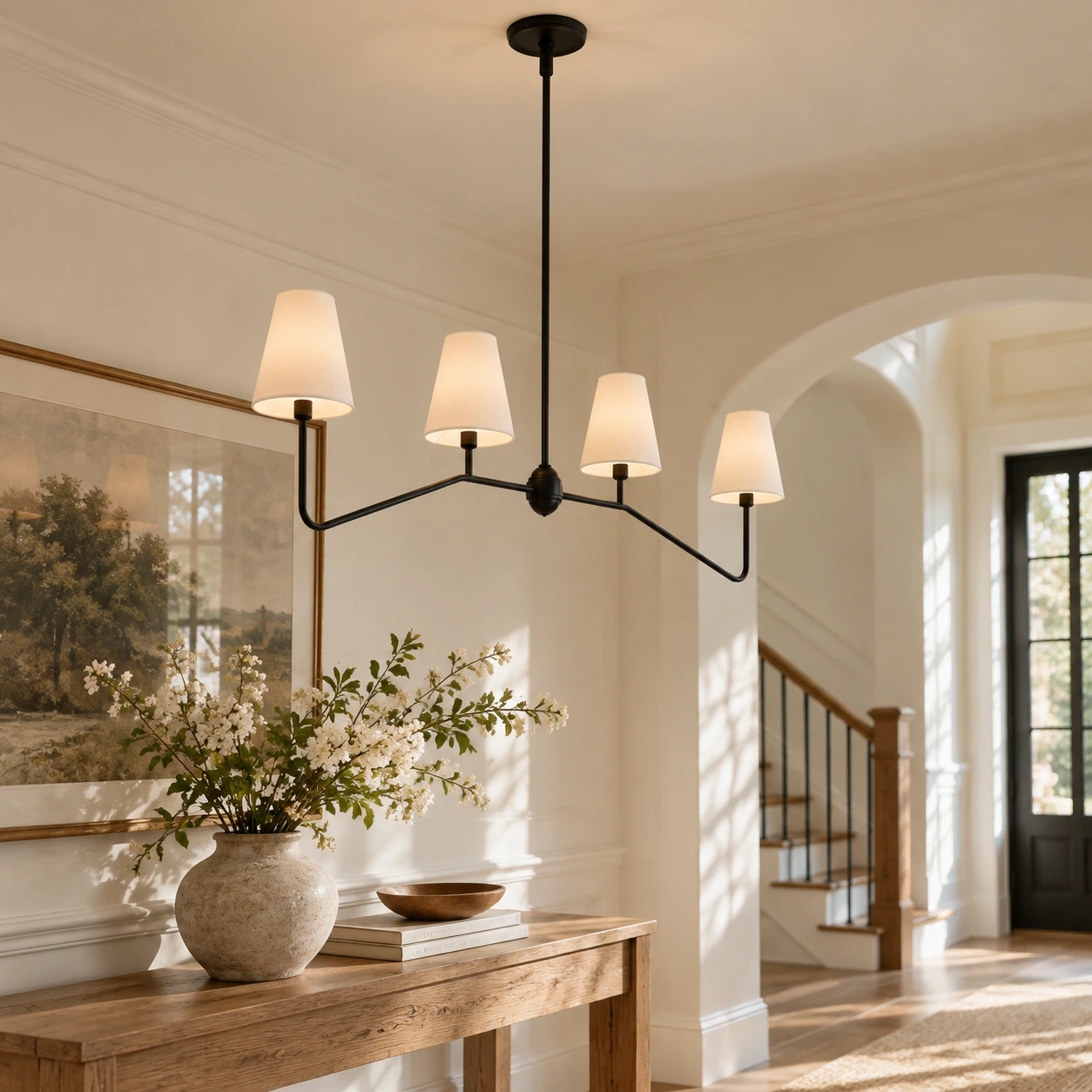 Four-light linear chandelier White Shades scene