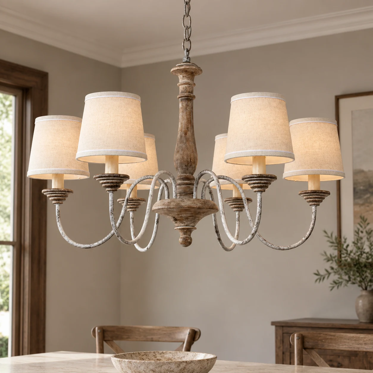 natural a6 linen chandelier installed in an American room