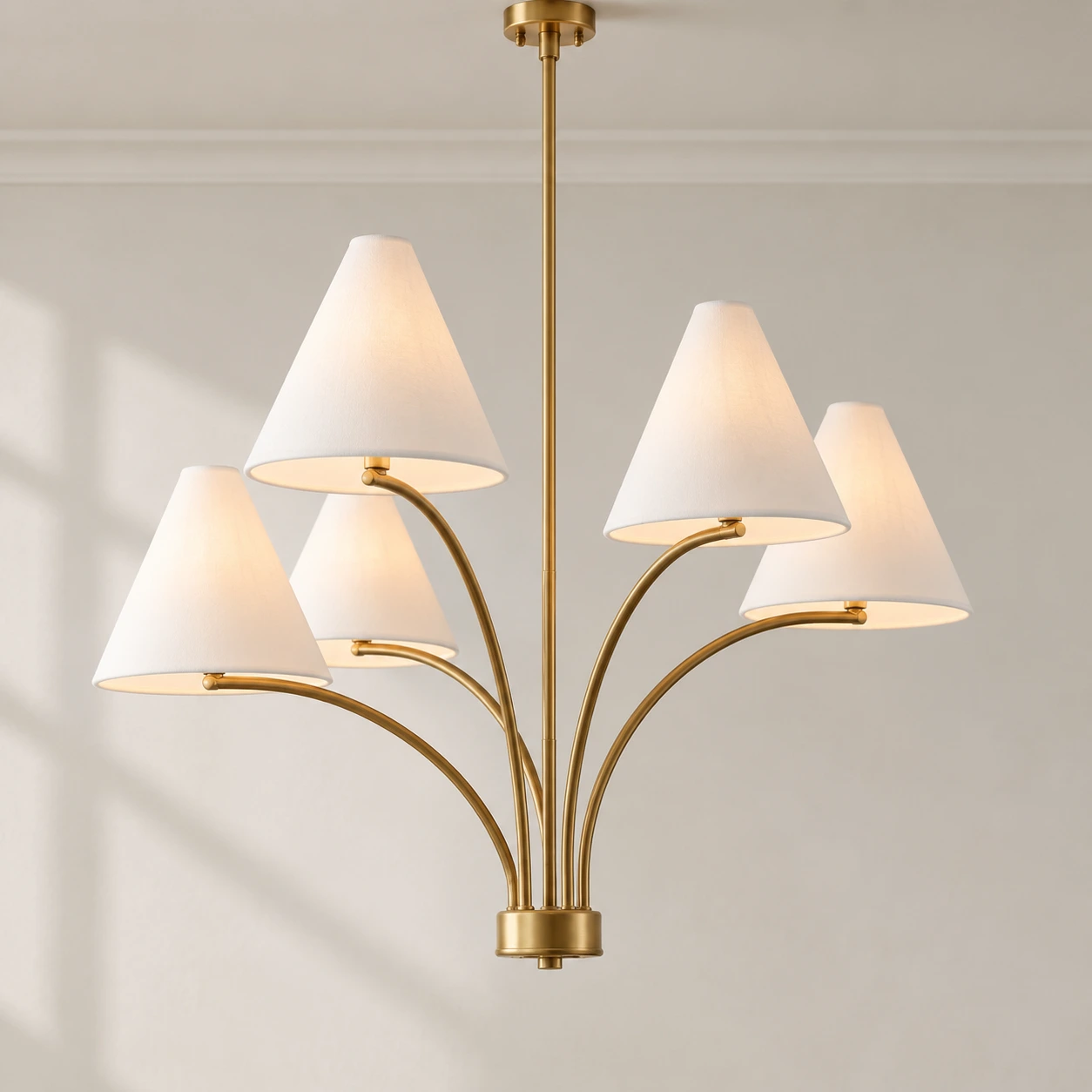 Warm brass fabric shade branch chandelier against a bright vintage architectural wall