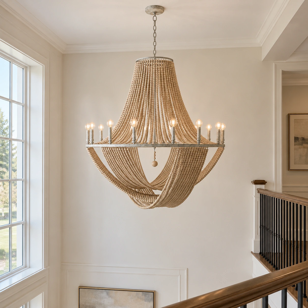 Twelve-light Elena wood bead chandelier in a foyer