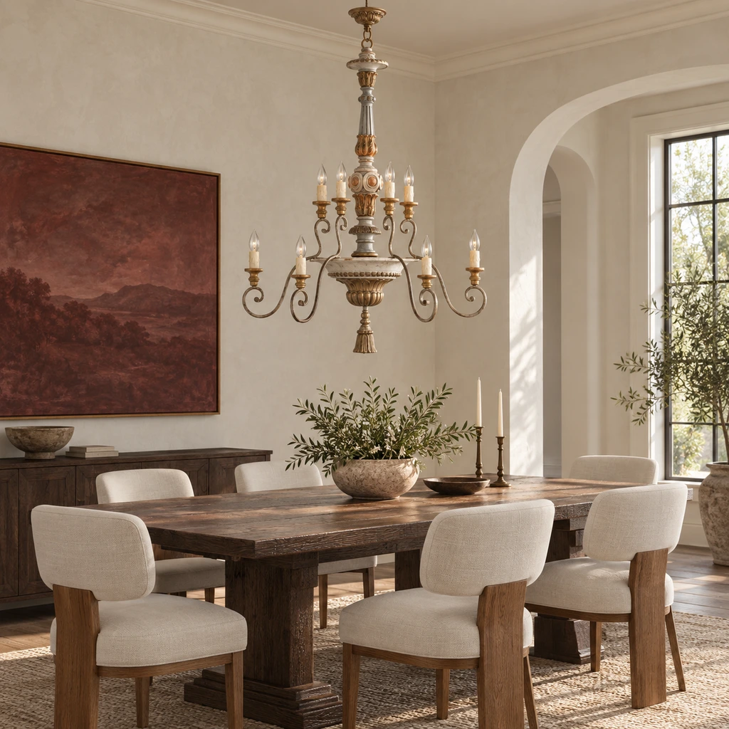 Aveline chandelier above a long dark oak dining table