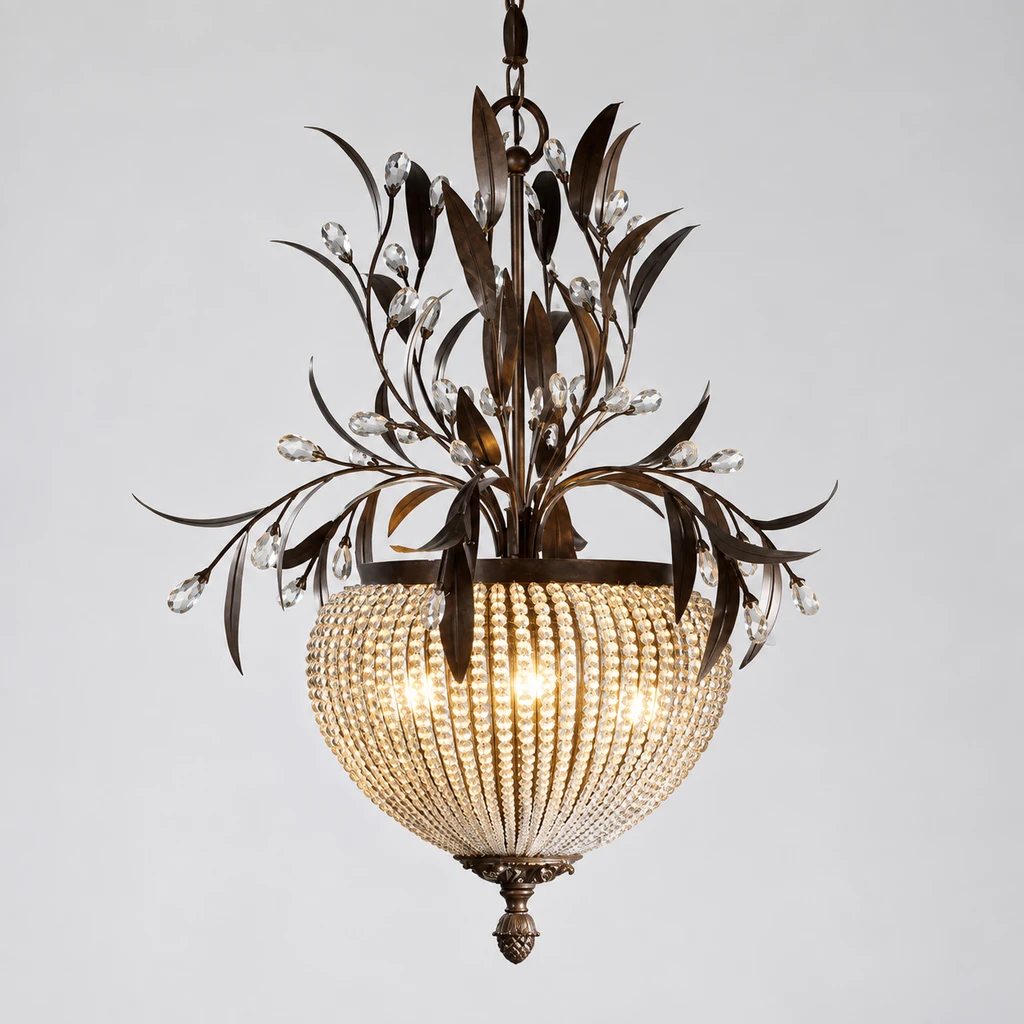 Celeste chandelier switched on in a neutral studio