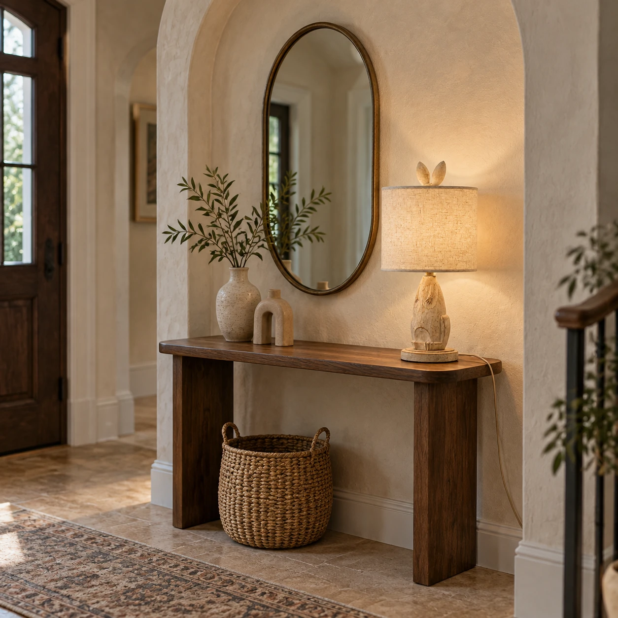 Carved wood bunny table lamp on a country entry console
