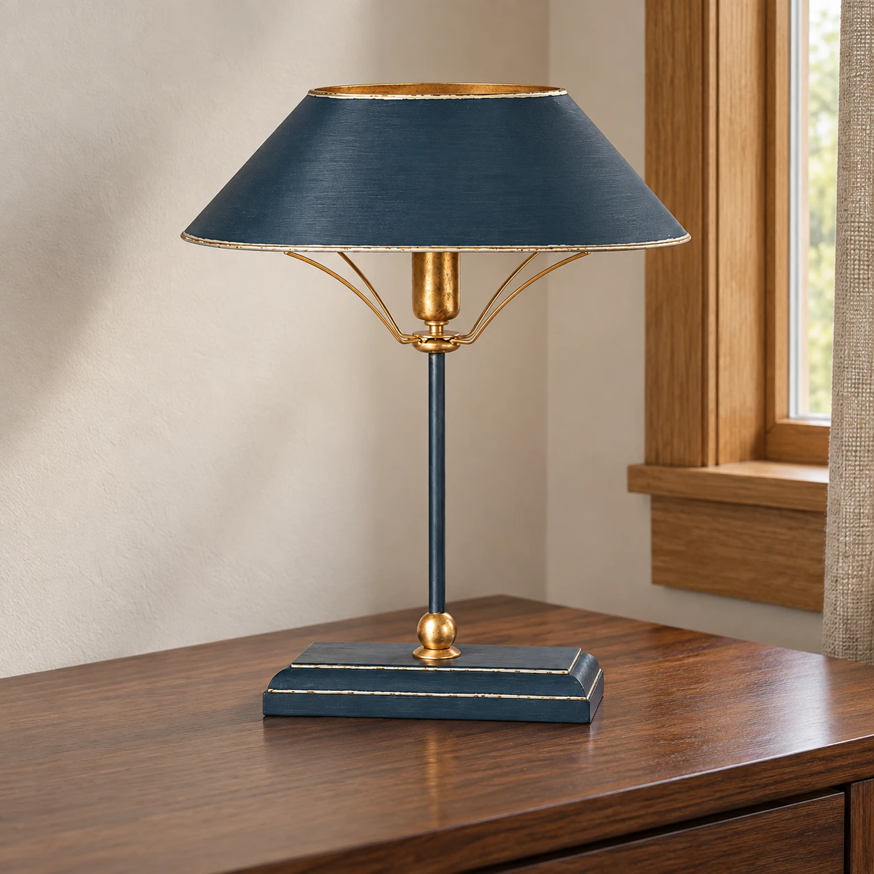 Muted blue and gold table lamp on a walnut study desk